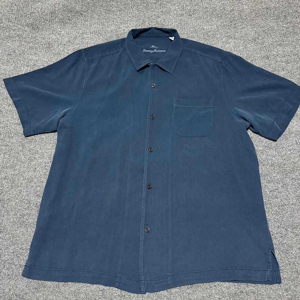 Tommy Bahama Mens Large Blue Silk Blend Herringbone Short Sleeve Camp Shirt
